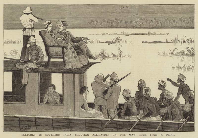 Esboços no sul da Índia, atirando jacarés no caminho para casa de um piquenique de John Charles Dollman