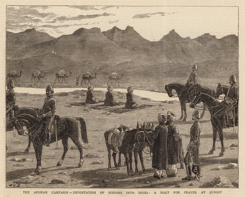 A Campanha Afegã, Deportação de Sirdars para a Índia, uma Parada para a Oração ao Pôr do Sol de John Charles Dollman
