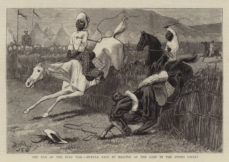 O Fim da Guerra Zulu, Corrida de Obstáculos por Basutos no Acampamento no Vale do Upoko de John Charles Dollman
