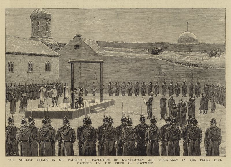 Os Julgamentos Niilistas em São Petersburgo, Execução de Kviatkovsky e Presniakov na Fortaleza de São Paulo em 5 de novembro de 1880 de John Charles Dollman