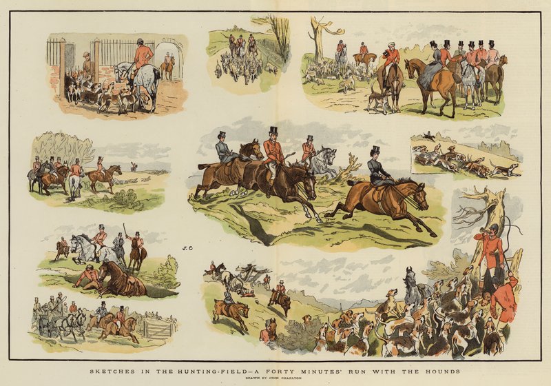 Esboços no Campo de Caça, uma Corrida de Quarenta Minutos com os Hounds (cromolitho) de John Charlton