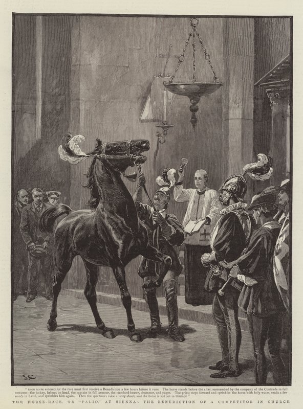 A corrida de cavalos, ou Palio, em Sienna, a bênção de um concorrente na igreja de John Charlton