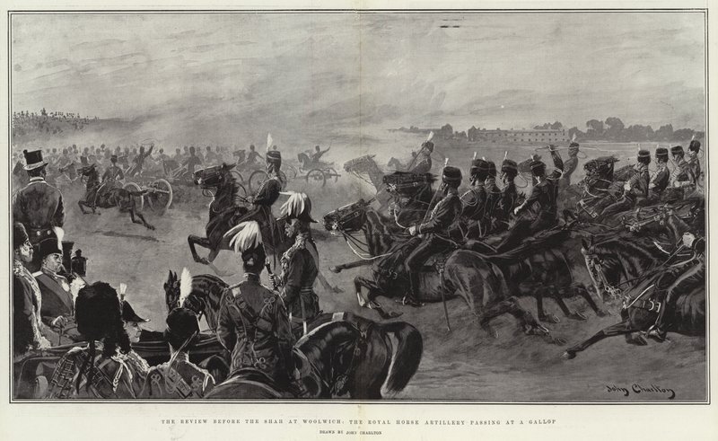 A revisão diante do xá em Woolwich, a artilharia de cavalo real passando em um galope de John Charlton