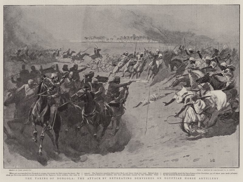 A tomada de Dongola, o ataque por recuar Dervishes na artilharia egípcia do cavalo de John Charlton