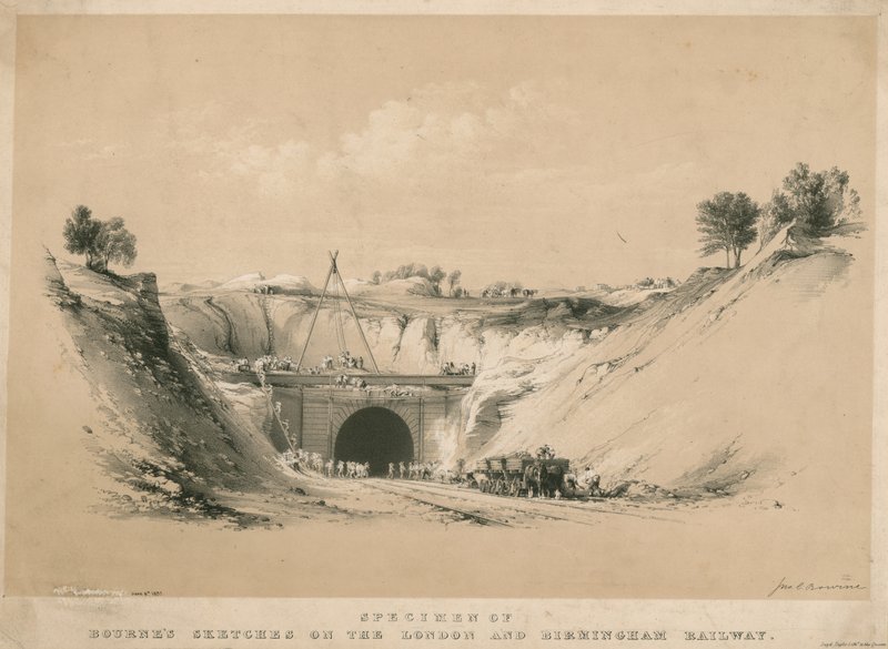 Espécime de esboços de Bourne na estrada de ferro de Londres e de Birmingham de John Cooke Bourne