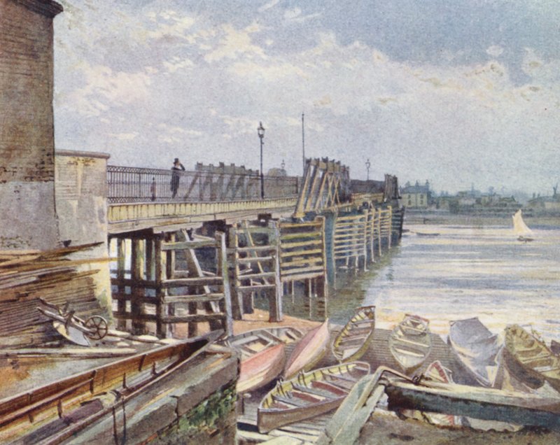 Londres perdida: Ponte velha de Battersea, a partir da margem norte (litografia a cores) de John Crowther