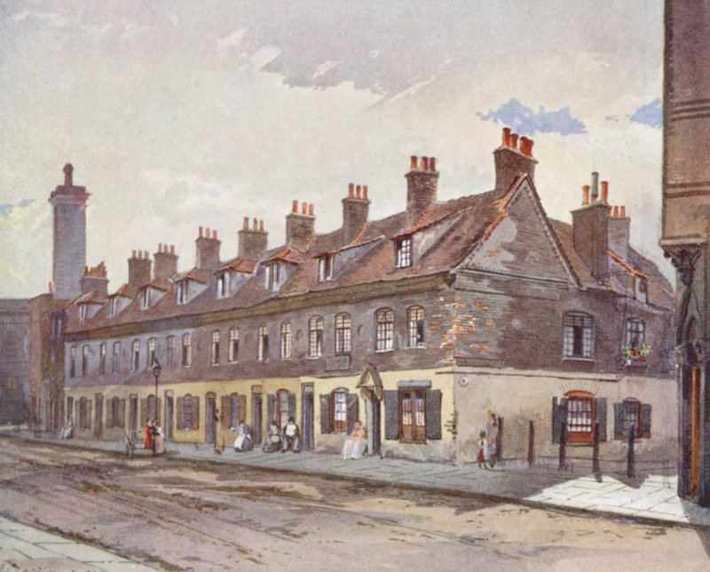 Londres perdida: Casas antigas em Pye Street, Westminster (litografia a cores) de John Crowther