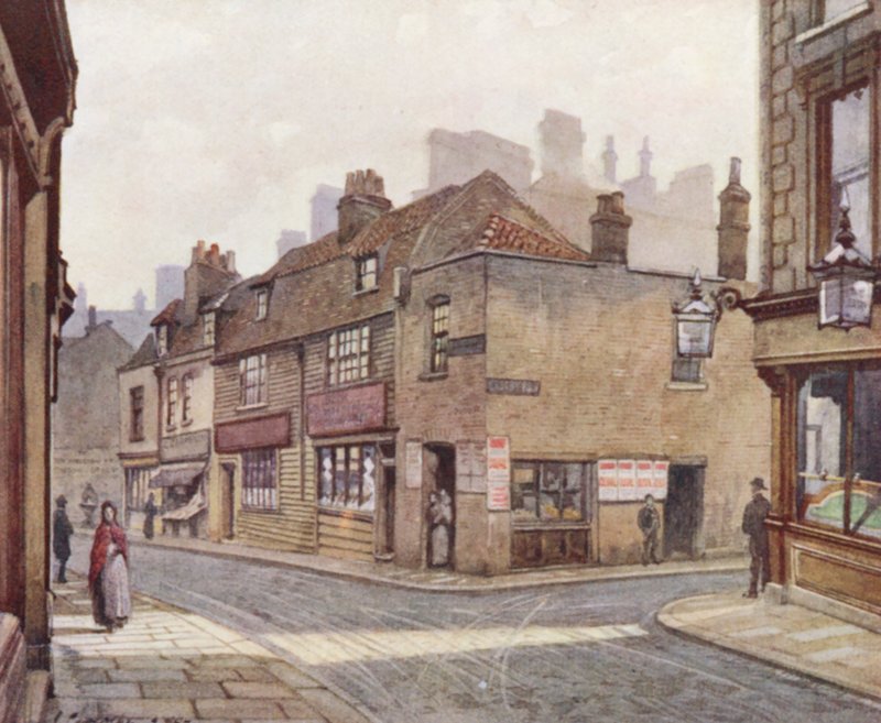 Londres perdida: Casas antigas em Snowfields, Bermondsey (litografia a cores) de John Crowther