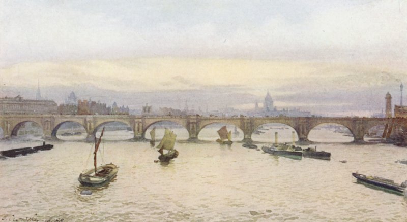 Londres perdida: Ponte de Waterloo a partir da ponte ferroviária de Charing Cross (litografia a cores) de John Crowther