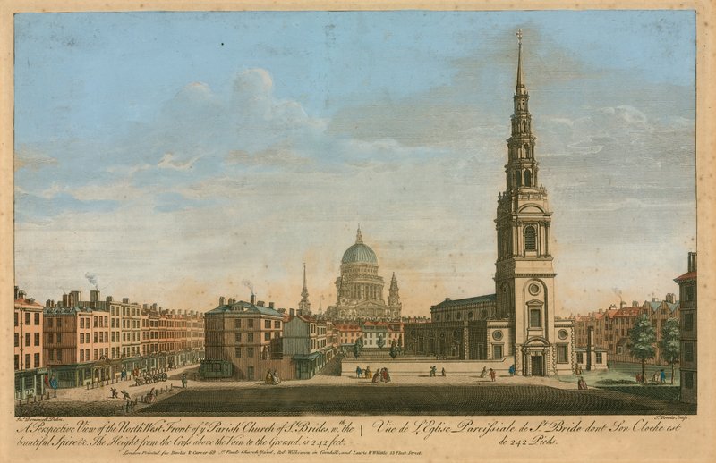 Uma vista em perspectiva da frente noroeste da igreja paroquial de St. Brides com a bela torre de John Donowell