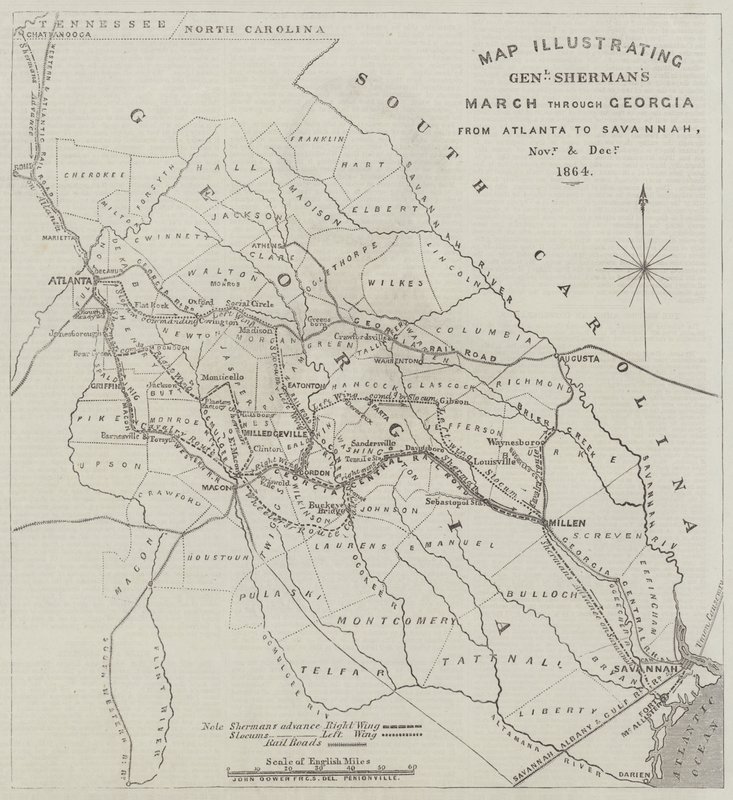 Mapa que ilustra a marcha do general Sherman através da Geórgia, de Atlanta a Savannah, em novembro e dezembro de 1864 de John Dower