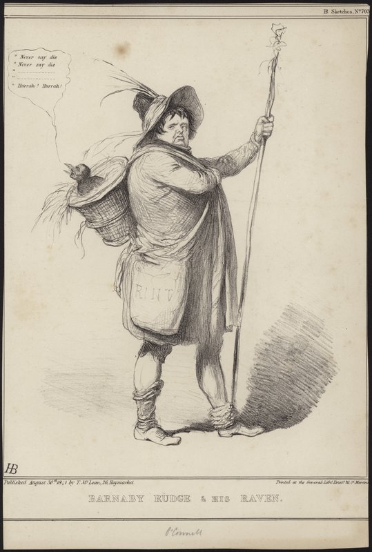 Barnaby Rudge e seu corvo, ilustração de &39;Barnaby Rudge&39; por Charles Dickens, 1841 de John Doyle