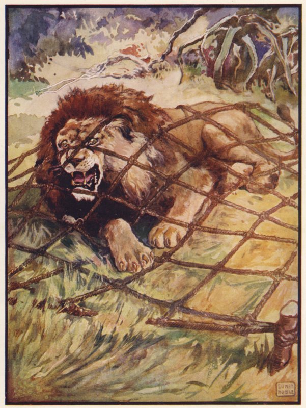 O Leão e o Rato (lito colorido) de John Edwin Noble