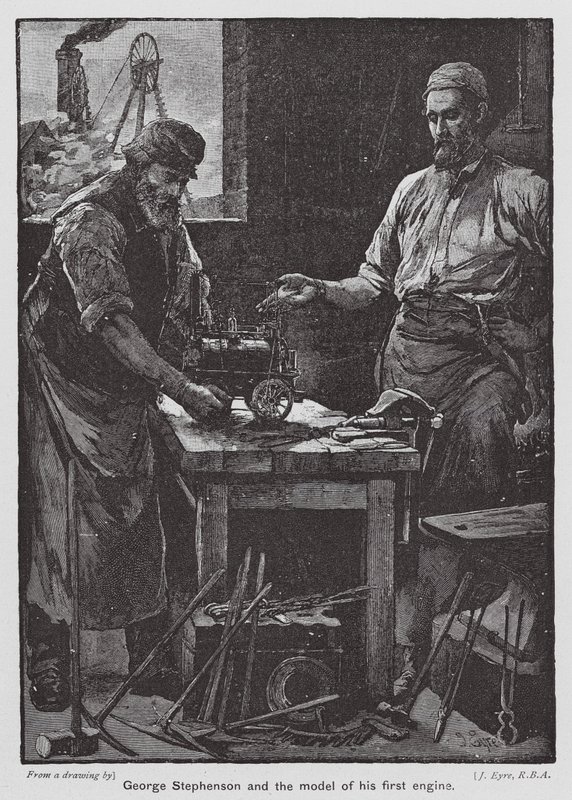 George Stephenson e o modelo do seu primeiro motor (litografia a cores) de John Eyre