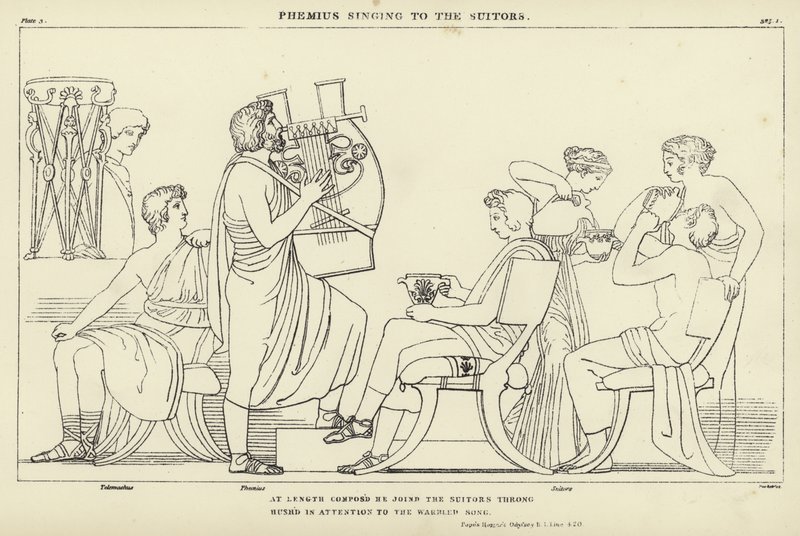 Phemius cantando para os pretendentes de John Flaxman