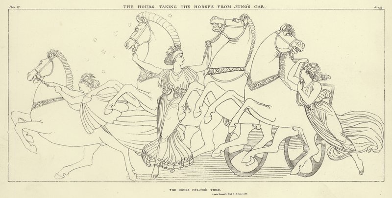 As horas tomando os cavalos do carro de Juno de John Flaxman