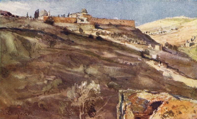 Jerusalém, parede sul da área do templo, do vale de Hinom, ao pôr do sol de John Fulleylove