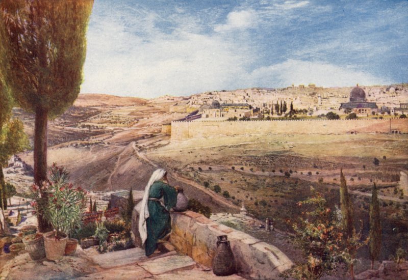 Jerusalém, da tradicional Mancha do Monte das Oliveiras onde Cristo chorou sobre a Cidade (cor litho) de John Fulleylove