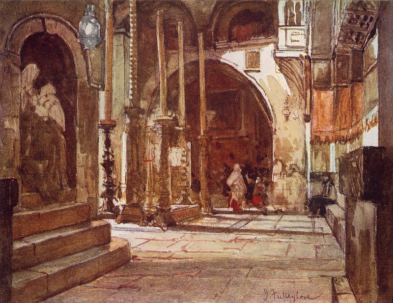 A Pedra da Unção, do Ambulatório da Igreja dos Cruzados (cor litho) de John Fulleylove