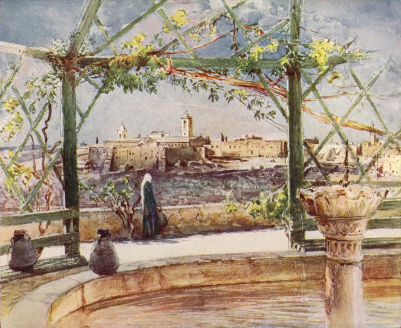 A Igreja da Natividade em Belém, de um Jardim na colina oposta (cor litho) de John Fulleylove