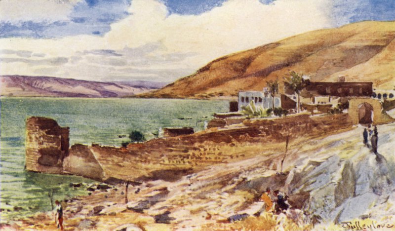 O lago da Galileia, olhando para o sul de Tiberíades (cor litho) de John Fulleylove