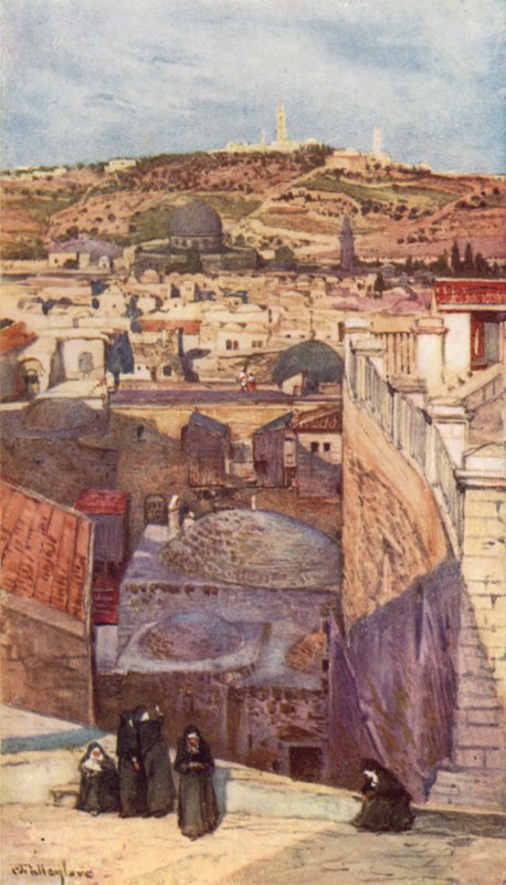 O Monte das Oliveiras, do topo de uma casa no Monte Zion (cor litho) de John Fulleylove