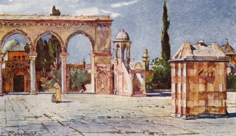 O Púlpito de Verão, do Pórtico Sul da Mesquita de Omar (Cúpula da Rocha) (cor litho) de John Fulleylove