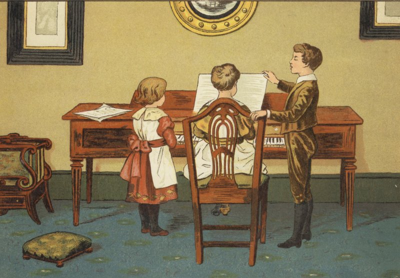 Crianças a ensaiar ao piano (cor litho) de John George (after) Sowerby