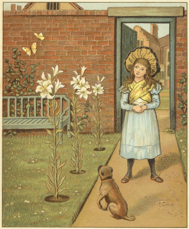 Garota em um jardim murado, além de lírios e seu cachorro (lito colorido) de John George (after) Sowerby