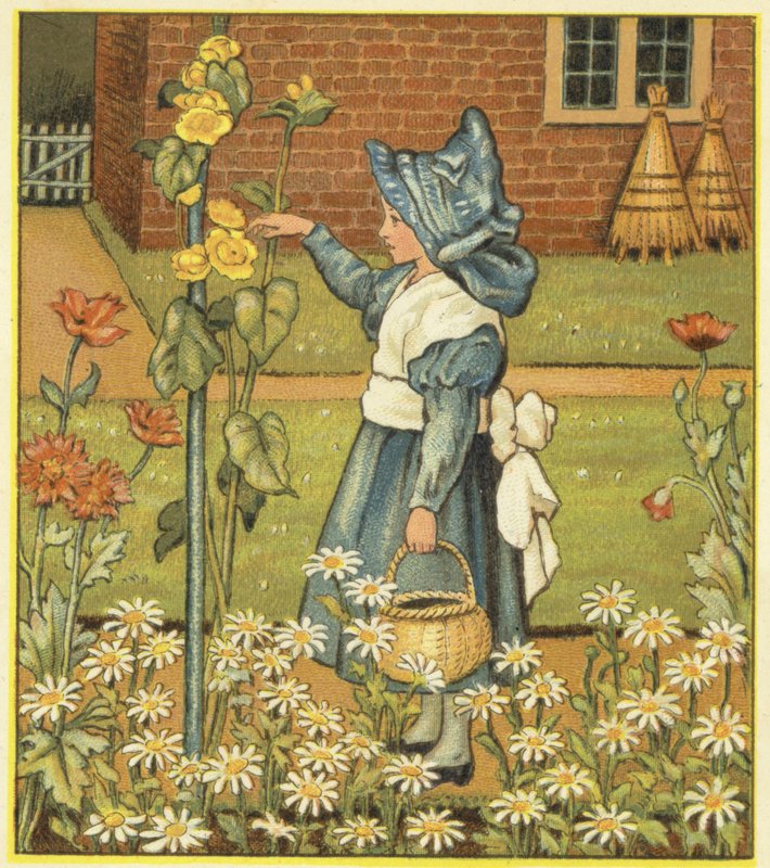 Rapariga no jardim com azevinho, papoilas e margaridas (cor litho) de John George (after) Sowerby
