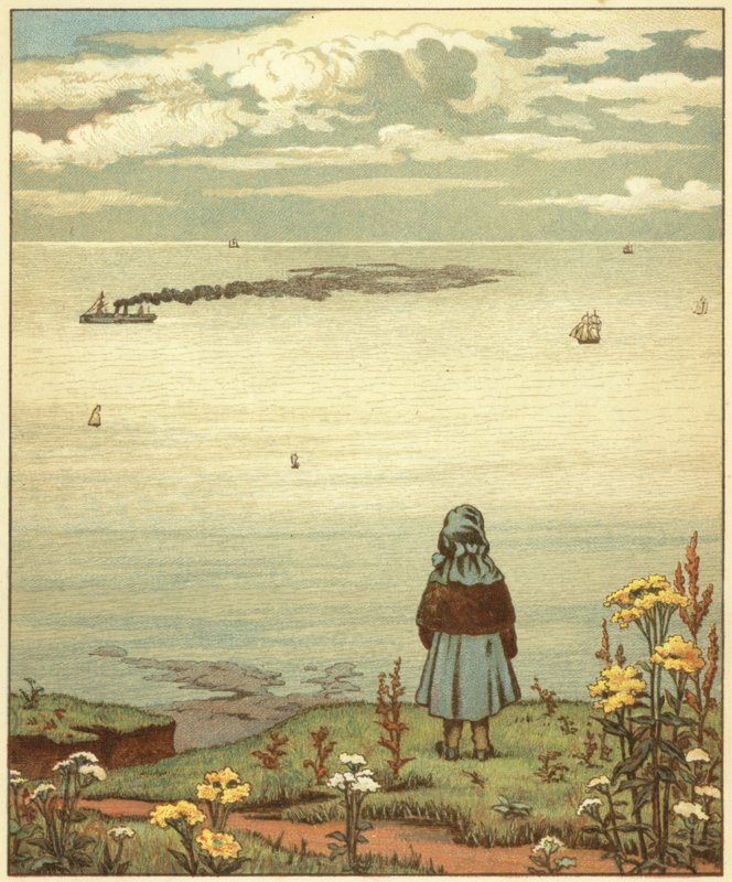 Garota olhando para o mar (lito colorido) de John George (after) Sowerby