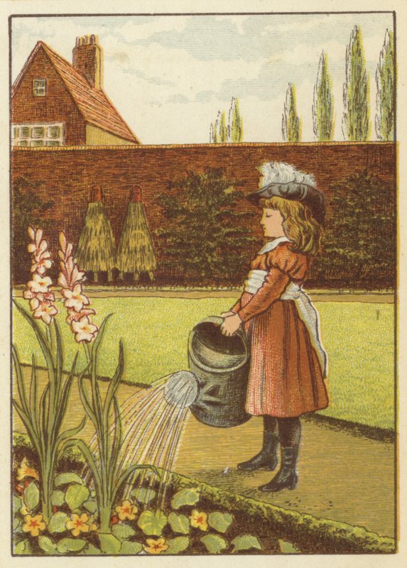 Garota regando o jardim (lito colorido) de John George (after) Sowerby