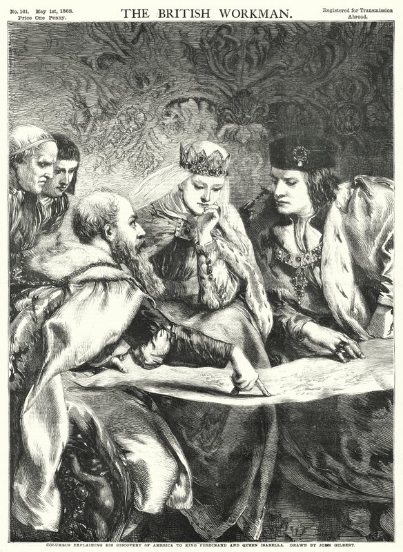 Colombo explicando a sua Descoberta da América ao Rei Fernando e à Rainha Isabel (gravura) de John Gilbert