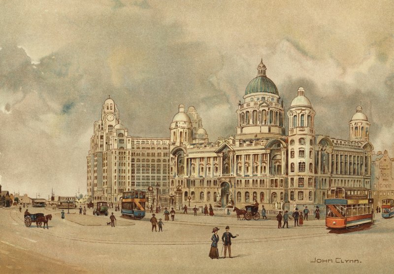 Liverpool: Escritórios da Mersey Docks and Harbour Board, The Liver Building, Etc, Approach to the Landing Stage (cor litho) de John Glynn