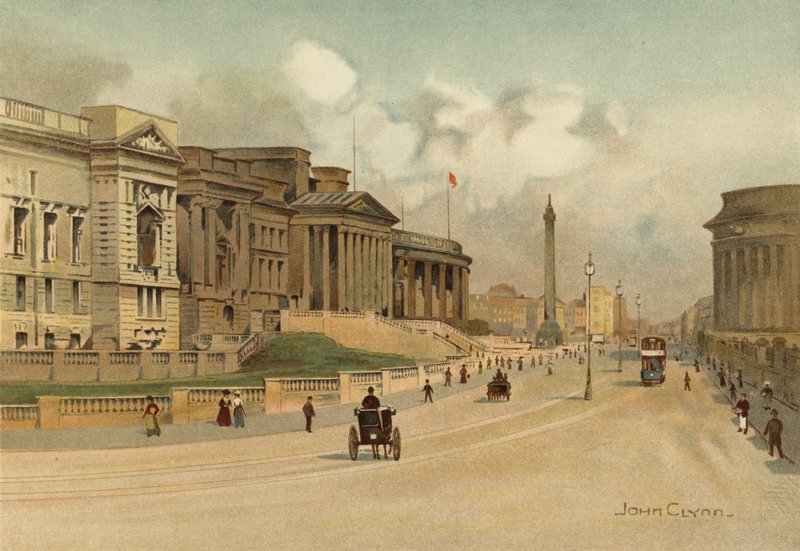 Liverpool: William Brown Street, Escola Técnica, Museu e Biblioteca Livre (lito a cores) de John Glynn