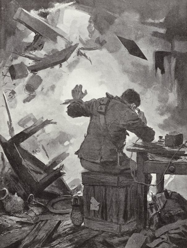 Bombardier WH Francês terminando sua mensagem depois de uma concha ter vindo através da sala em que ele estava telefonando, Helpegarde, Primeira Guerra Mundial de John Harris Valda