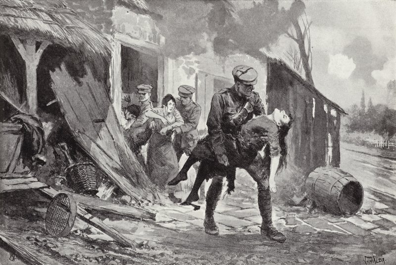 Artilheiro J Rafferty carregando uma mulher ferida para a segurança de uma fazenda que estava sendo bombardeada, a Primeira Guerra Mundial de John Harris Valda