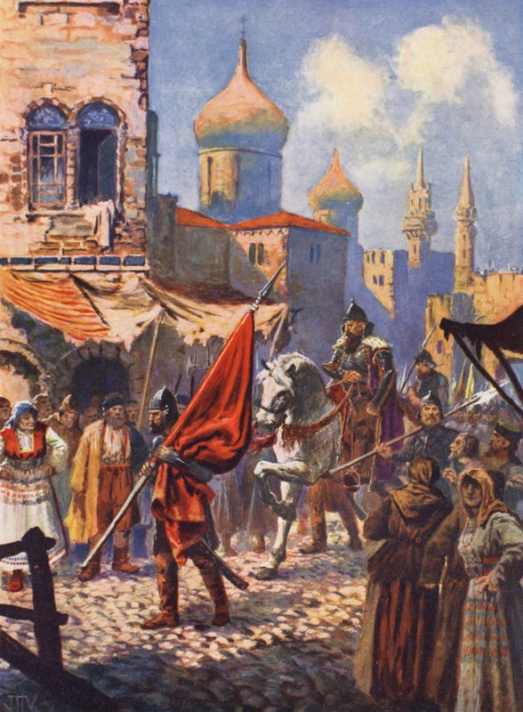 O regresso de Ivan, o Terrível, a Moscovo após a conquista de Kazan (litografia a cores) de John Harris Valda