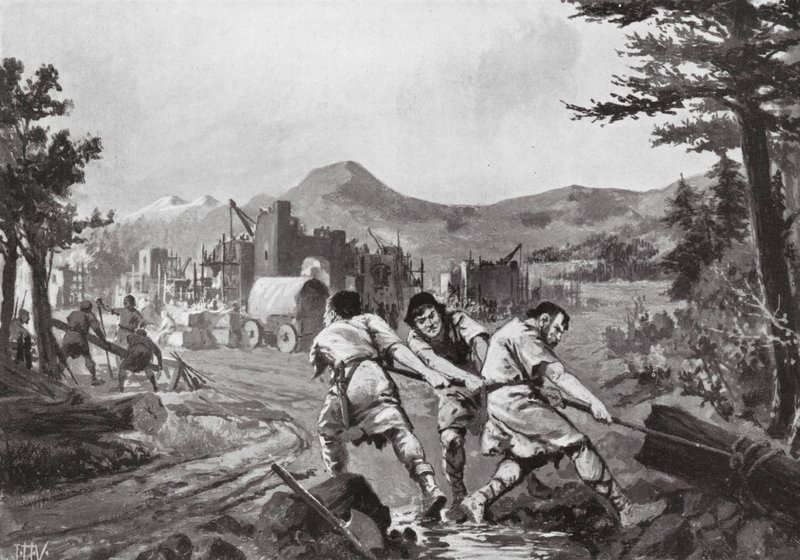 Homens da colina da Valáquia fundando uma cidade, século IX (litografia) de John Harris Valda