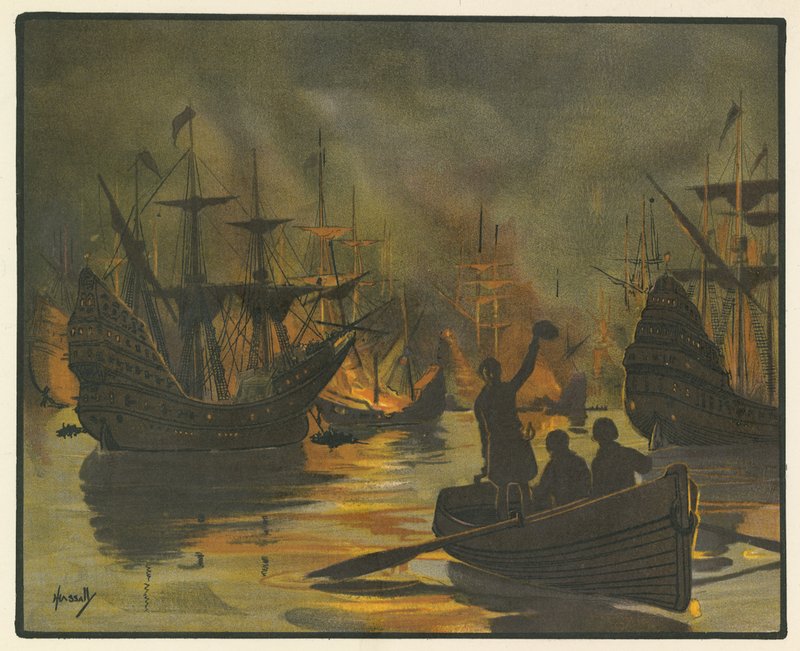 A Armada invencível atacada por navios de fogo (lito colorido) de John Hassall