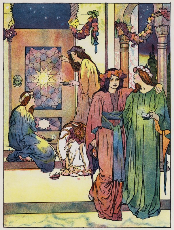 As donzelas se levantam e aparam suas lâmpadas (lito colorido) de John Hassall
