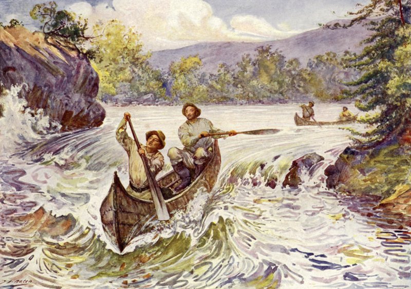Canadenses atirando corredeiras em canoas (cor litho) de John Henry Frederick (after) Bacon