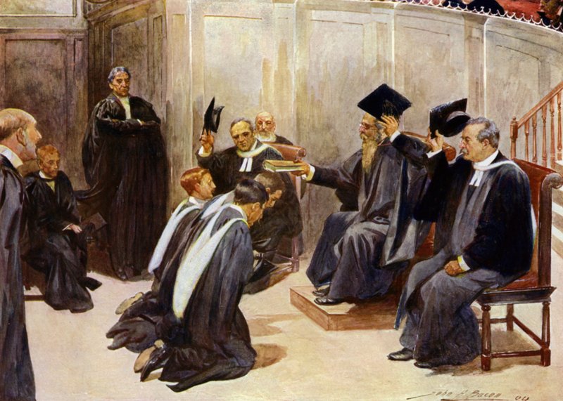 Conferindo diplomas no Sheldonian Theatre, Oxford (cor litho) de John Henry Frederick (after) Bacon