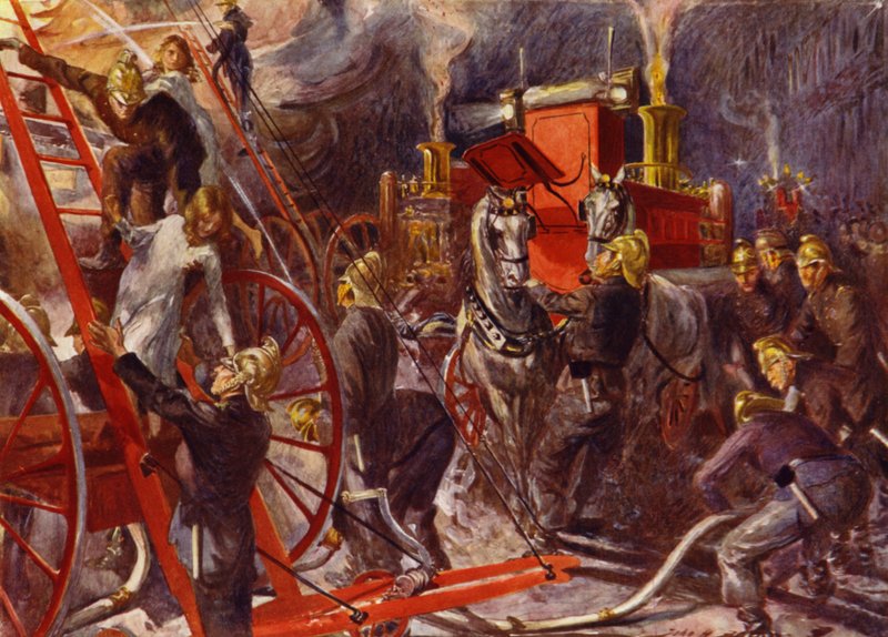 Bombeiros no trabalho (cor litho) de John Henry Frederick (after) Bacon