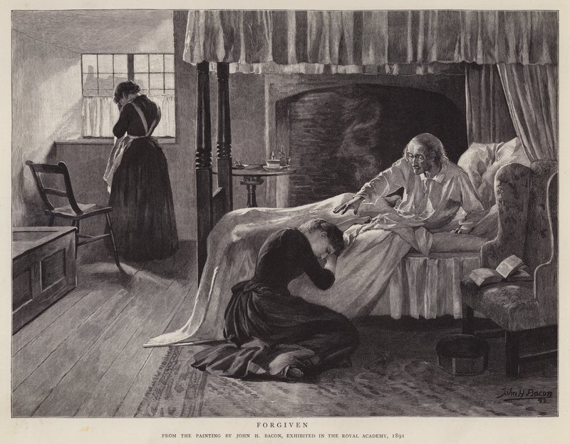 Forgiven, pintura de John H Bacon exibida na Academia Real em 1891 (litho) de John Henry Frederick (after) Bacon