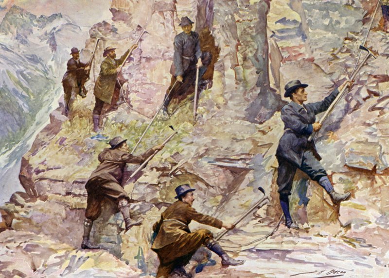Montanhismo na Colúmbia Britânica (cor litho) de John Henry Frederick (after) Bacon