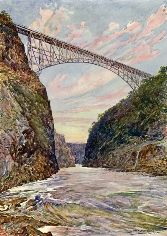 A ponte sobre as cataratas de Victoria, Rodésia (cor litho) de John Henry Frederick (after) Bacon
