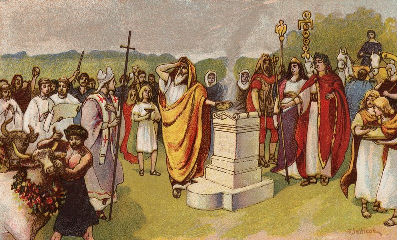 Constantino o Grande oferenda um sacrifício com a chegada dos primeiros cristãos, York, 306 (chromolitho) de John Jellicoe