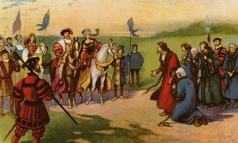 O Rei Henrique VIII e Catherine Howard chegam a York após a Peregrinação de Graça 1541 (chromolitho) de John Jellicoe