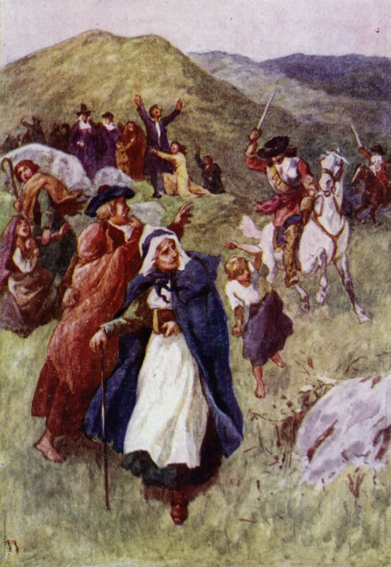 Soldados afastando pessoas que se reuniram para adorar nas colinas escocesas (lito colorido) de John Jellicoe